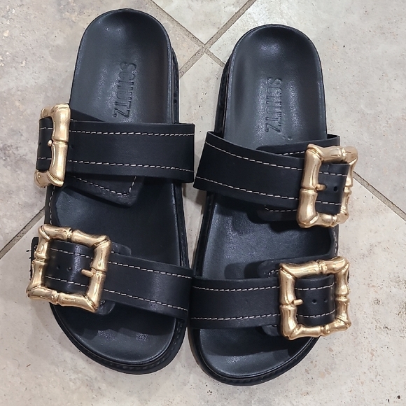SCHUTZ Shoes - SCHUTZ Black Slides with Gold Accents
